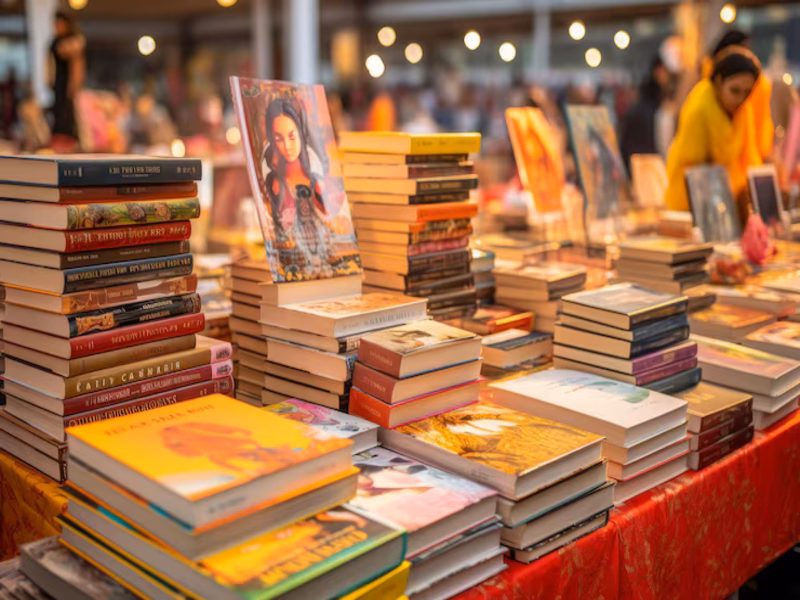 Shoppers browsing shelves of Goodwill books in Bradenton store