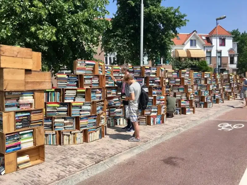 Vintage novels and childrens books displayed together on shelves at a used book store section