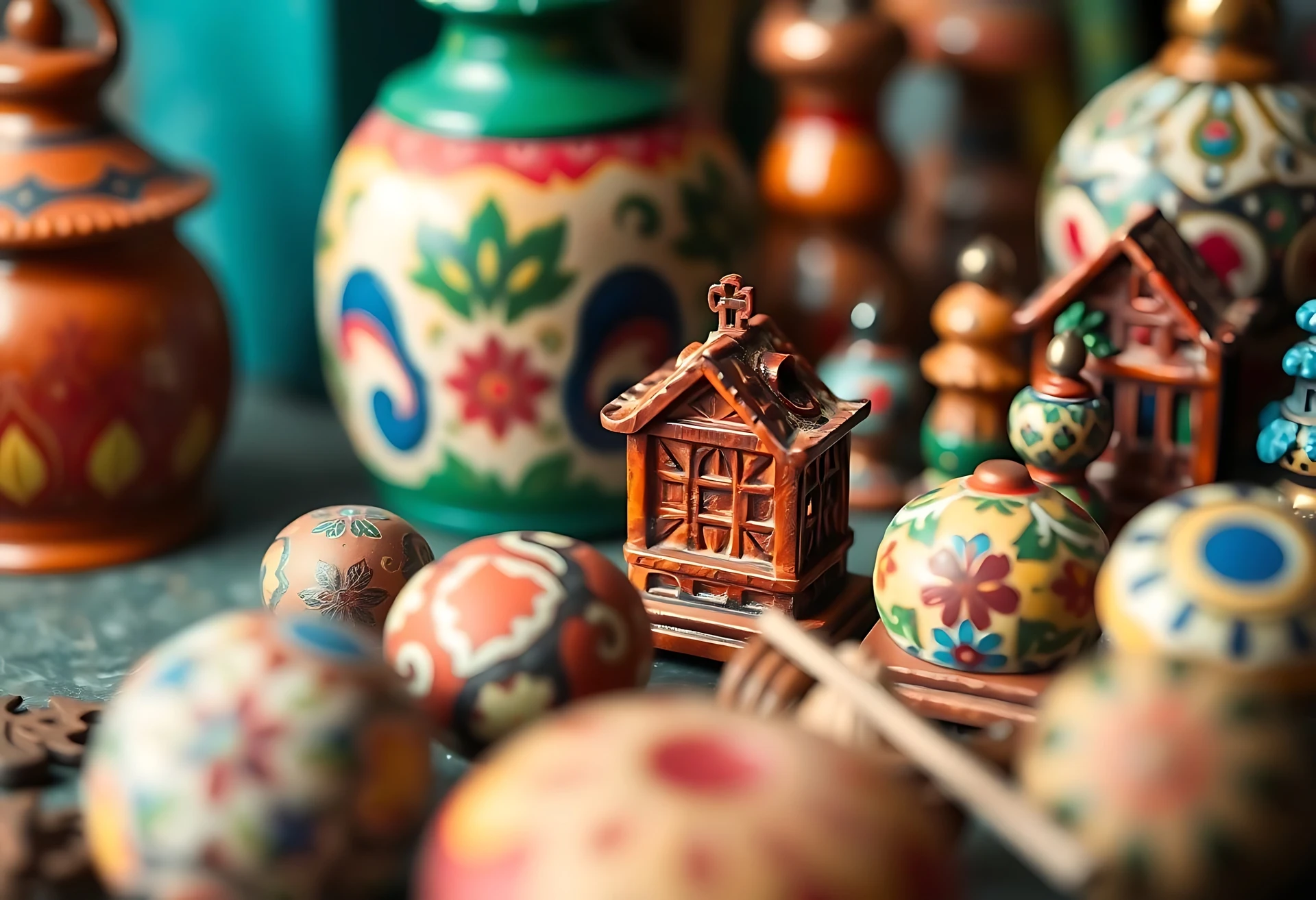 collections of wooden ornaments at thrift store