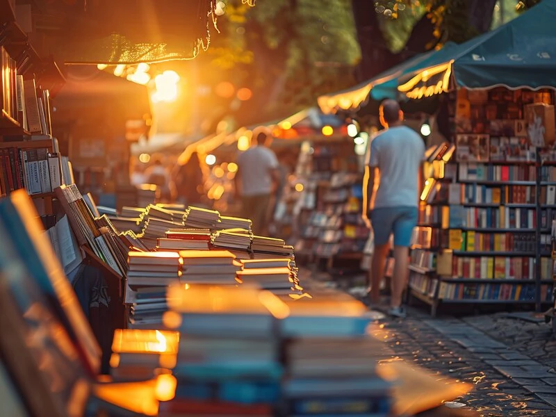shoppers walking past tables filled with goodwill books in Sarasota at an open air thrift store