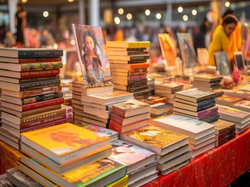 stacks of goodwill books in Sarasota displayed on tables at a used book store inside a busy thrift store setting
