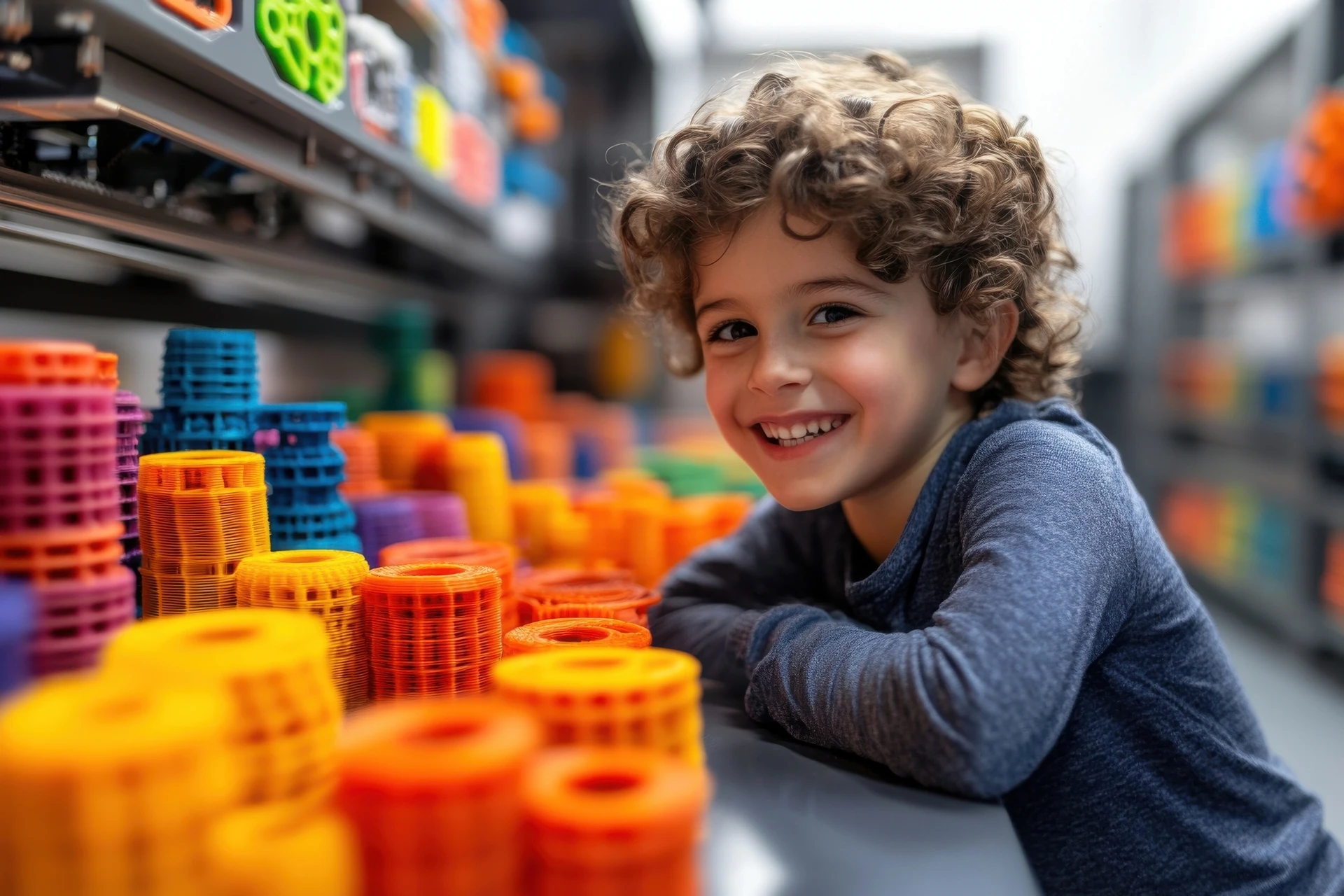boy exploring used toys at a goodwill toy store with shelves of playthings around them