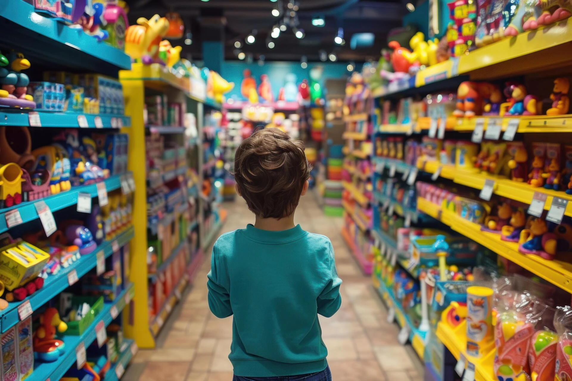 child standing in toy store looking at shelves full of toys