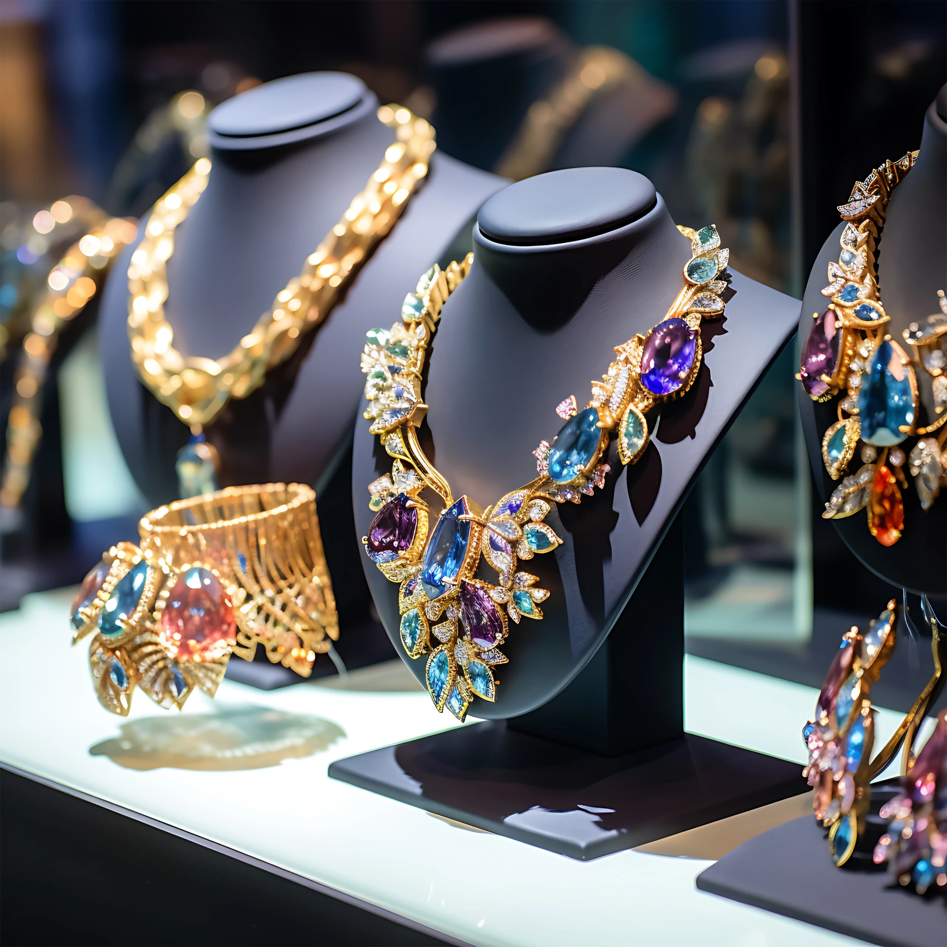 close up of used jewelry in boca raton with rings and gemstone pieces on display