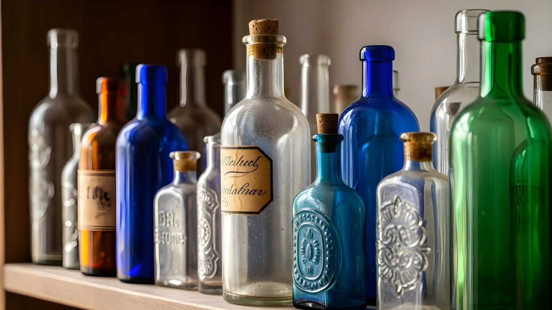collection of antique glass bottles at goodwill collectibles stores in boynton beach