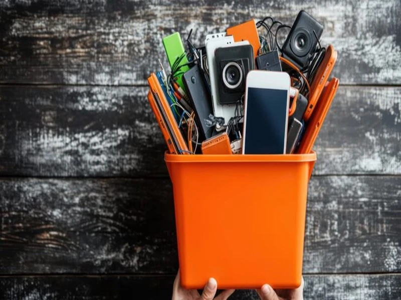 community memebers placing used electronics into a goodwill electronics donation box
