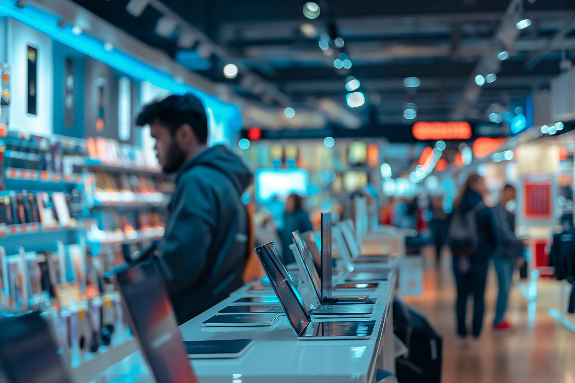 customer browsing used electronics in bradenton aisle with tablets and small tech devices