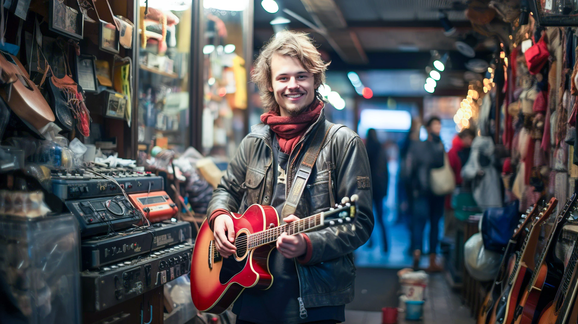 customer testing used guitar before purchase at a goodwill musical instruments section
