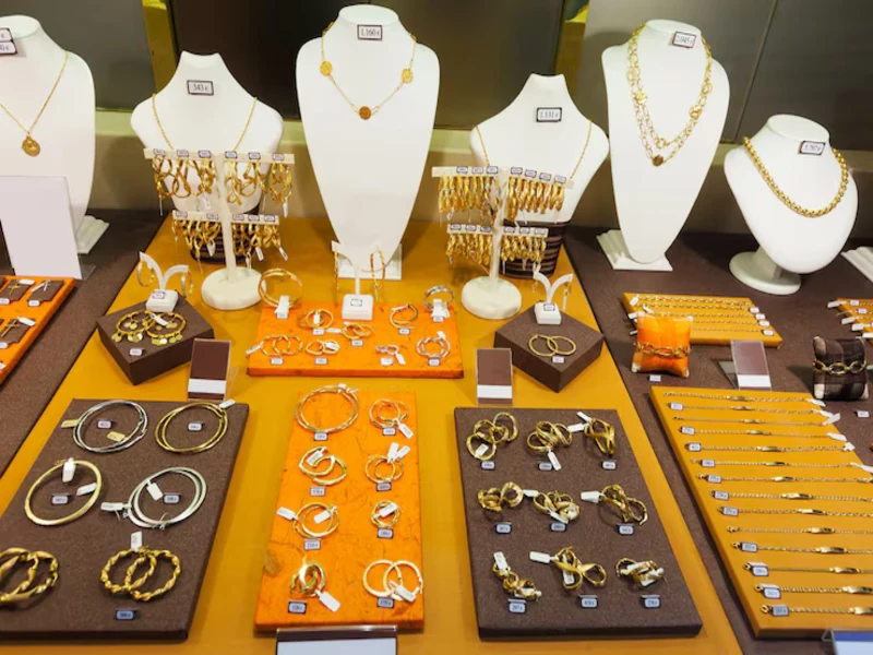 display of earrings and necklaces featured in goodwill jewelry section