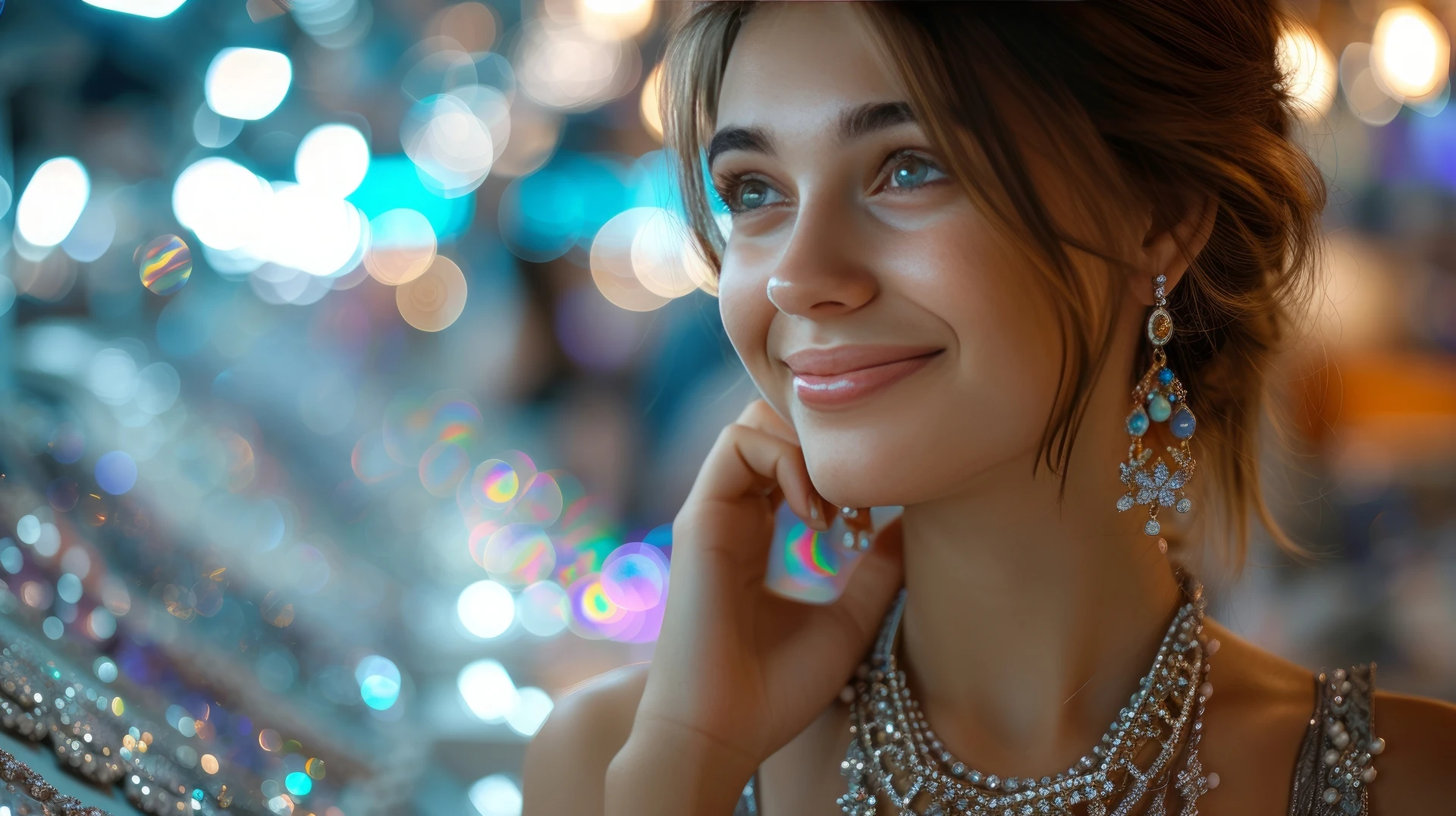 girl flaunting second hand jewelry at sarasota goodwill store