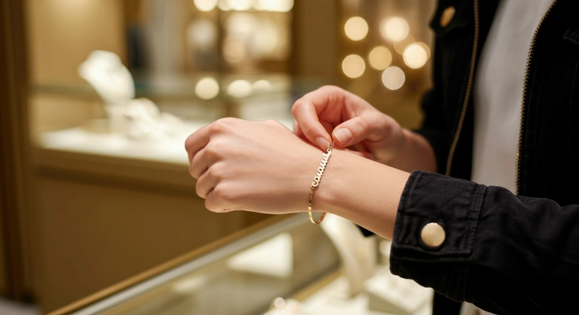 girl trying bracelets organized by style at a used jewelry in bradenton