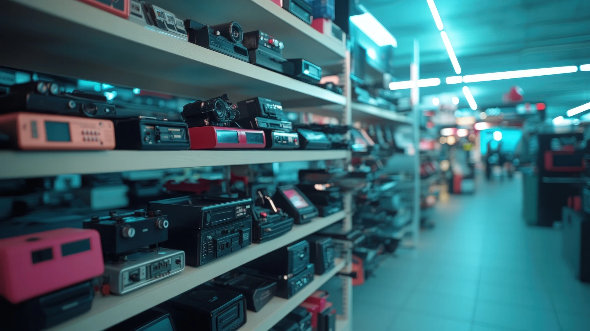 interior of goddwill electronics in west palm beach rows of vintage devices on shelves