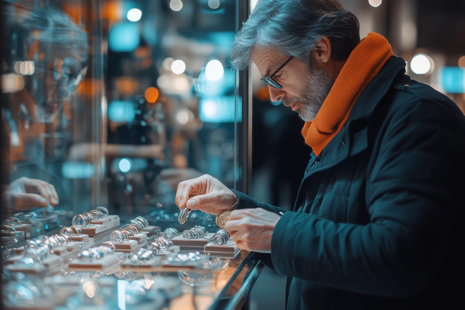 man browsing vintage rings at goodwill jewelry in boca raton