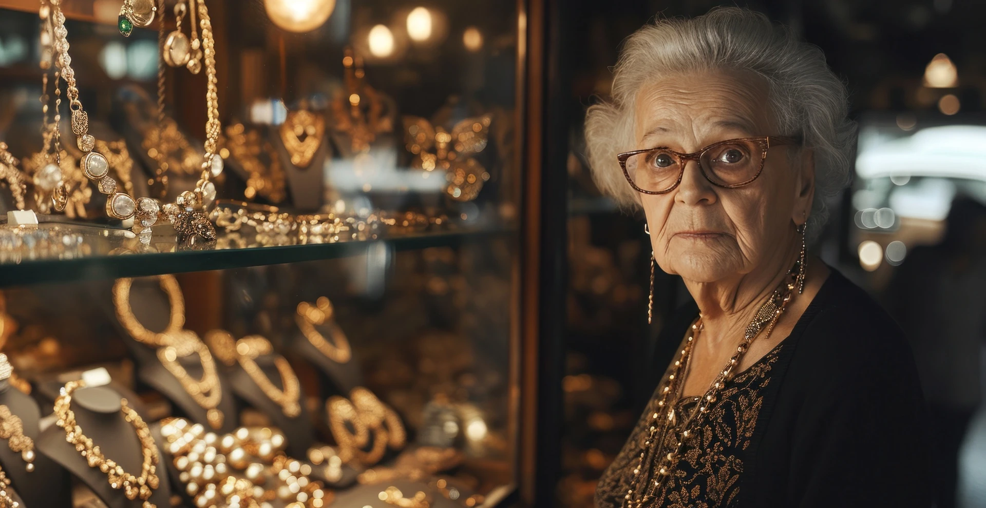 old lady browsing jewelry in used jewelry for sale section