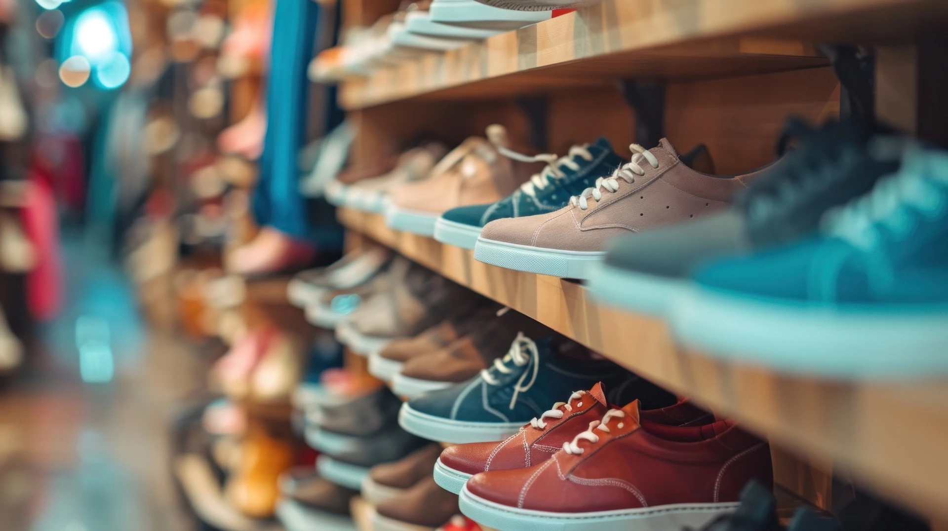 row of stylish sneakers and casual shoes lined up in a thrift store shoes section for browsing