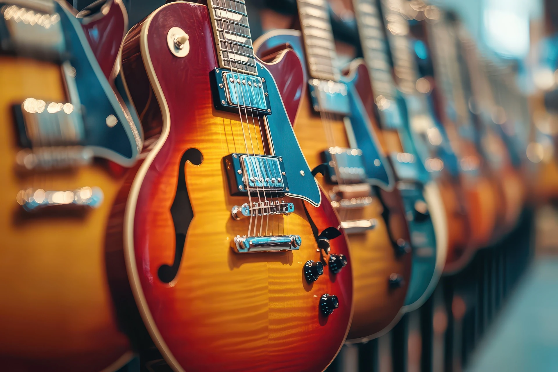 row of used guitars in west palm beach hanging on display racks