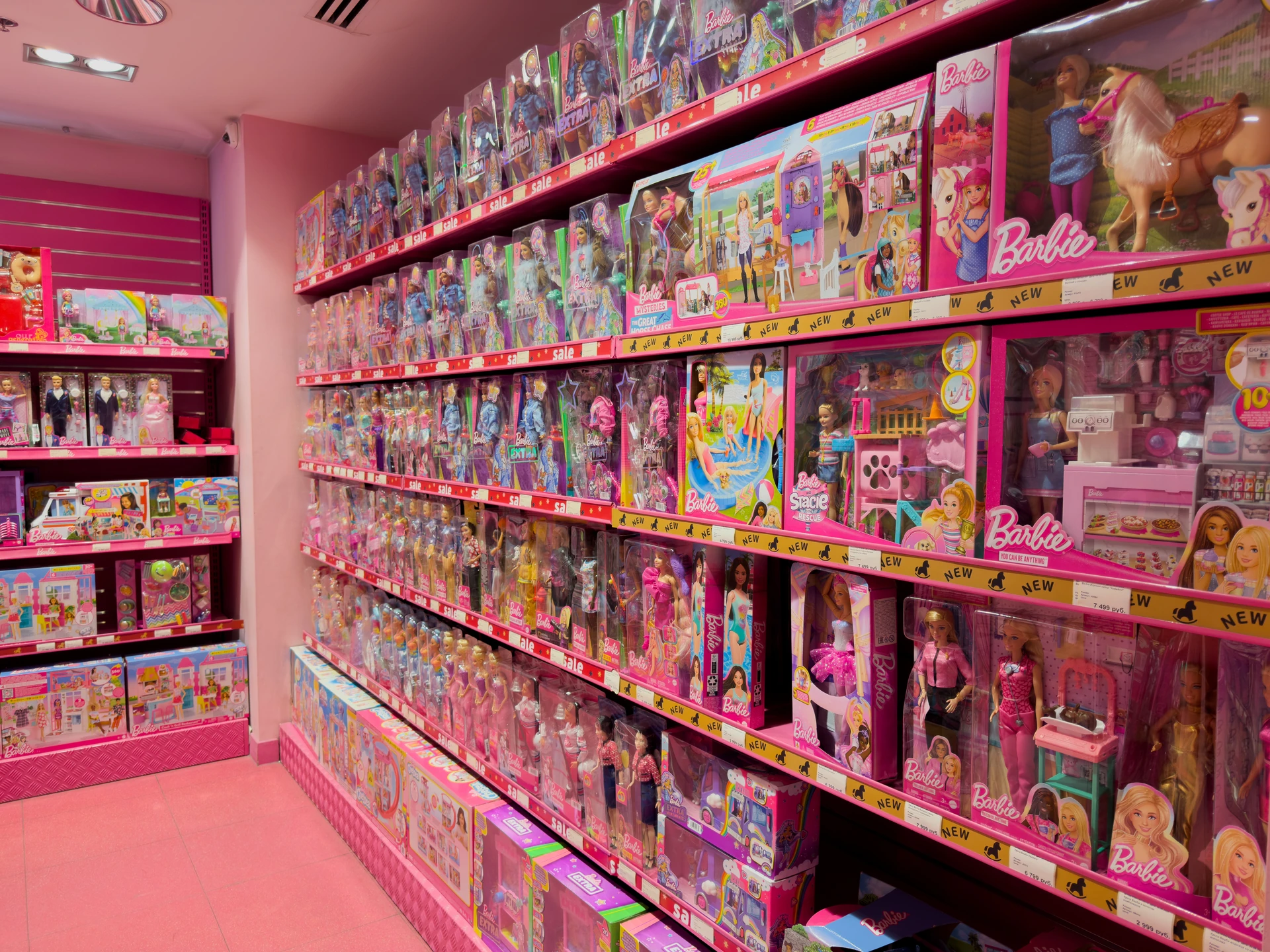 rows of vintage and modern old toys in boca raton organized on tall store shelves