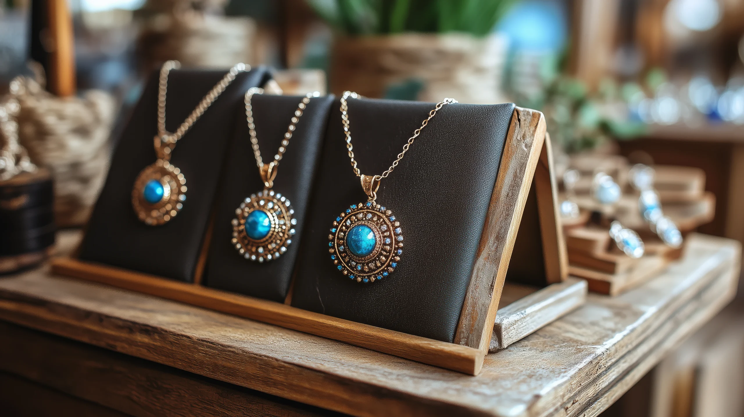 second hand jewelry including necklaces on display