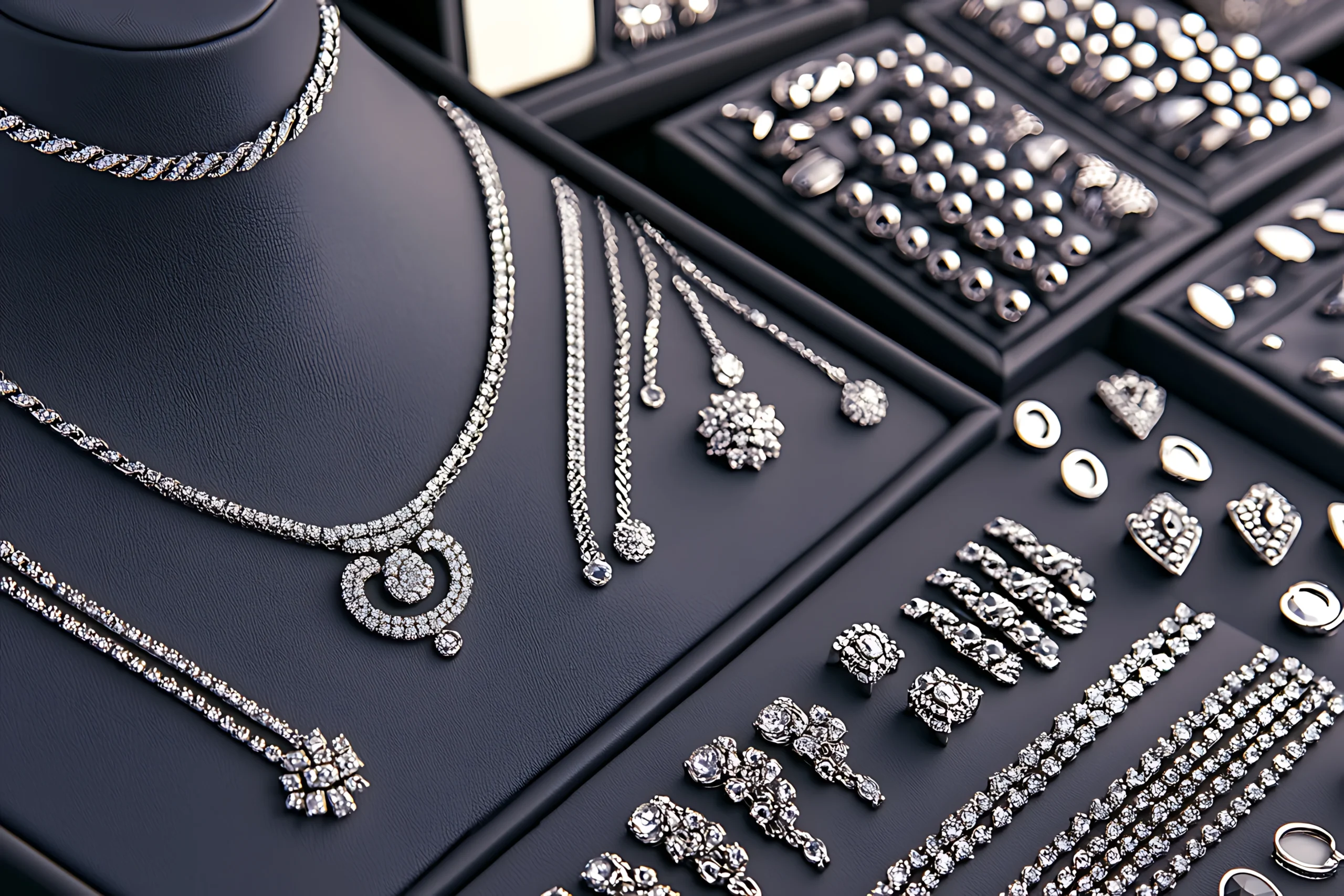 used jewelry in boynton beach featuring assorted necklace earrings arranged to display at thrift store