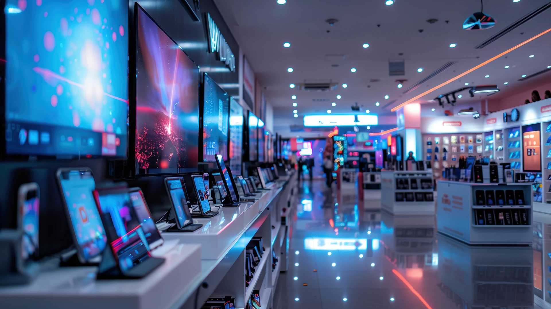 wide aisle view of goodwill electronics in boynton beach featuring organized shelves of phones and tablets