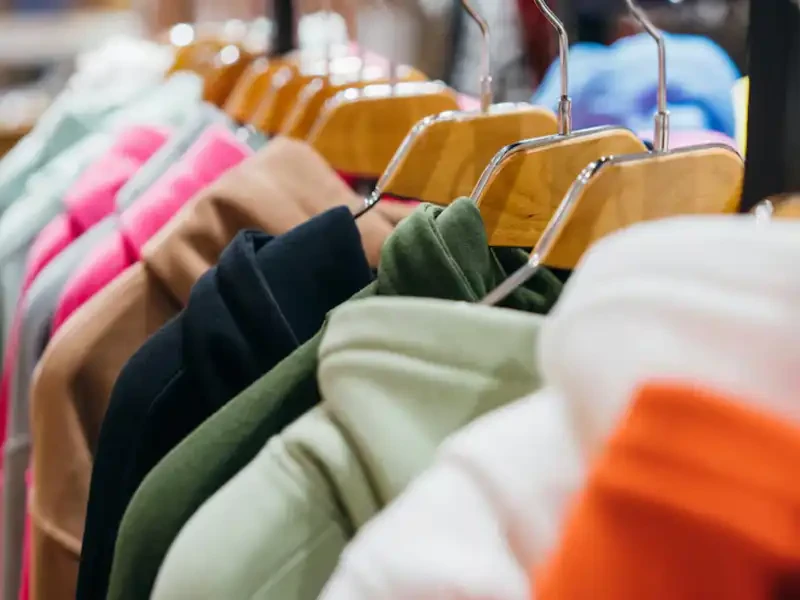 wide collections of colorful jackets present on second hand clothing store