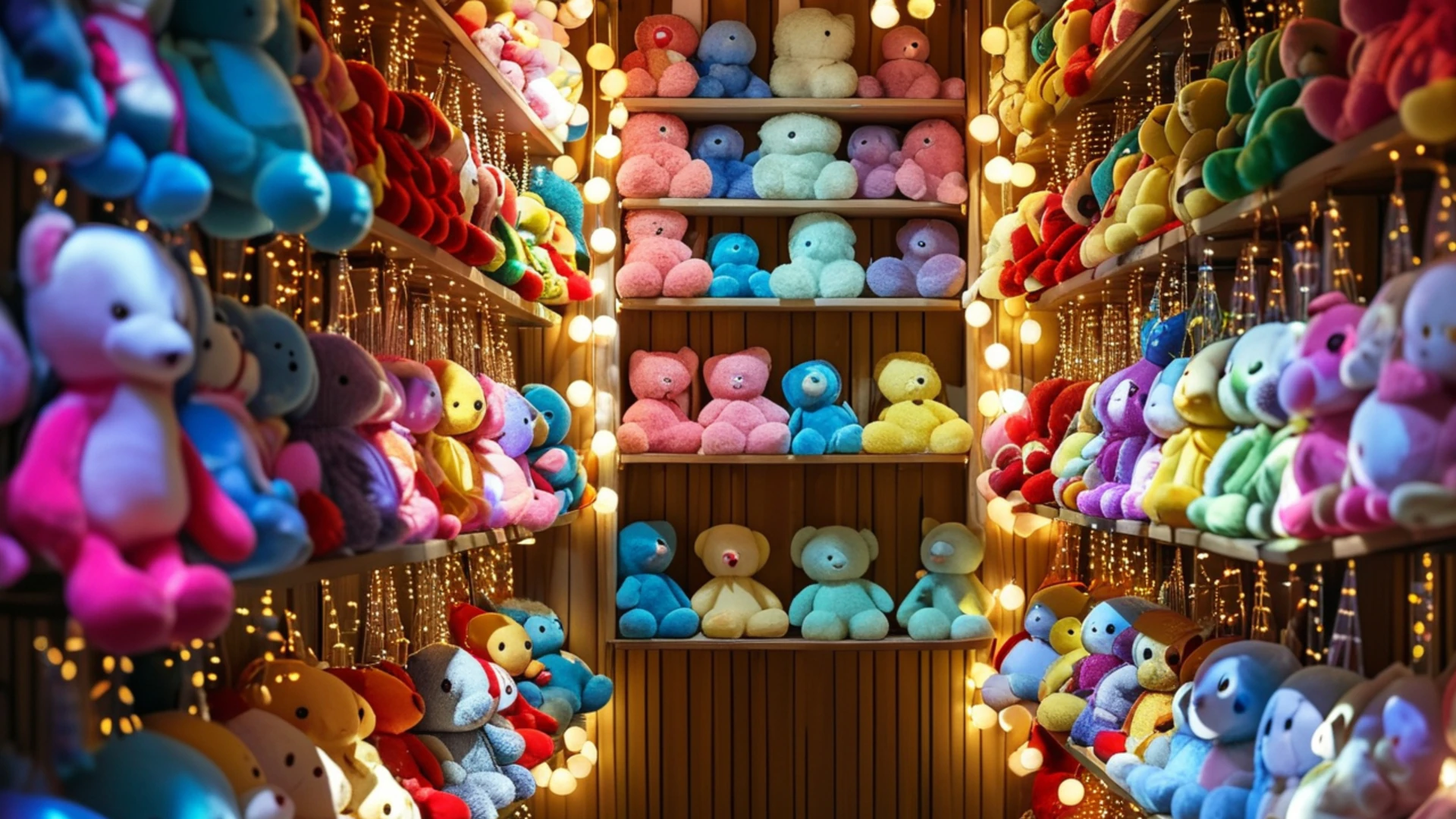 wide view of a goodwill toy aisle showing colorful teddy bears for sale