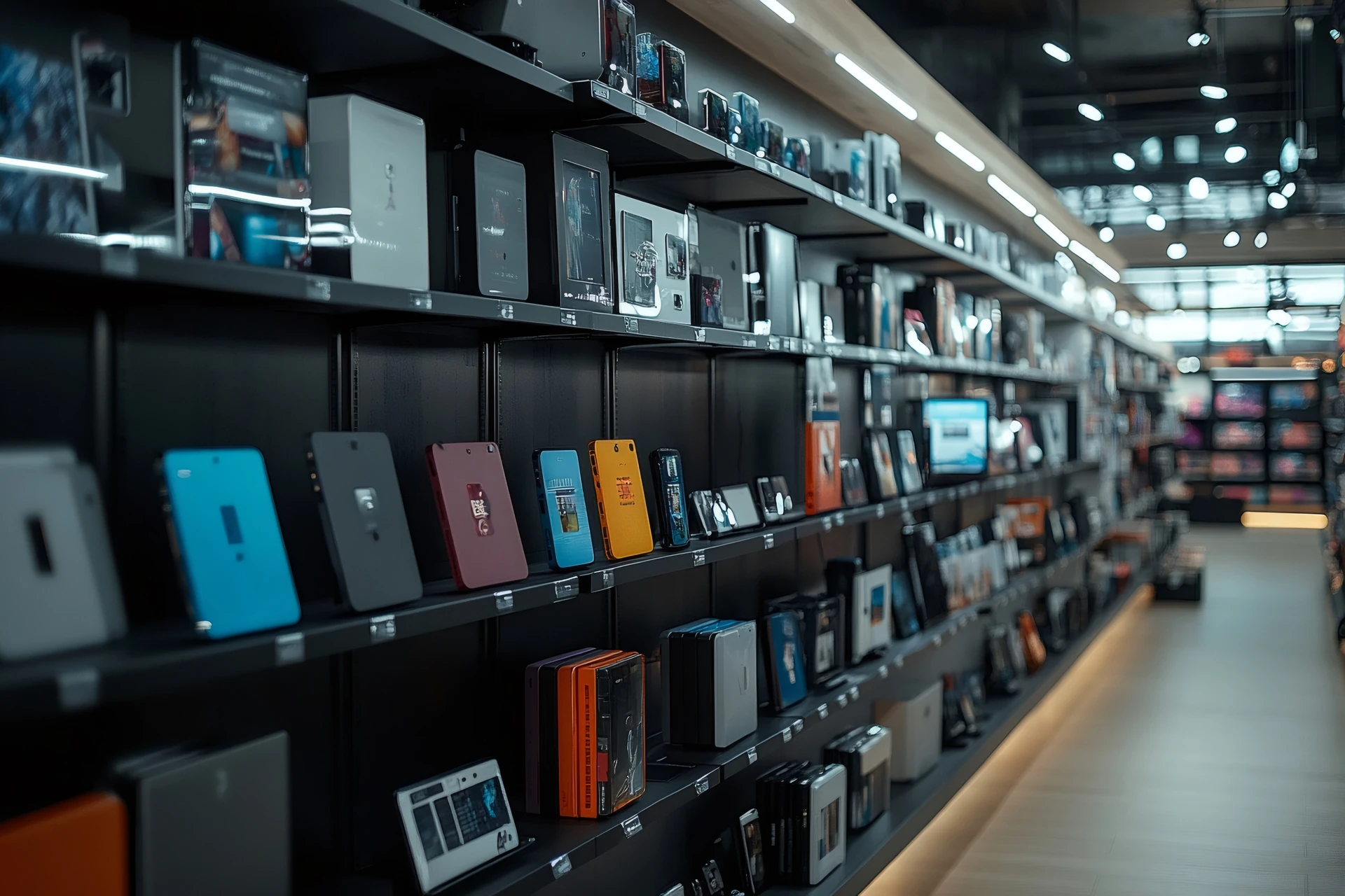 wide view of goodwill electronics in bradenton showing shelves of phones, tablets and gadgets