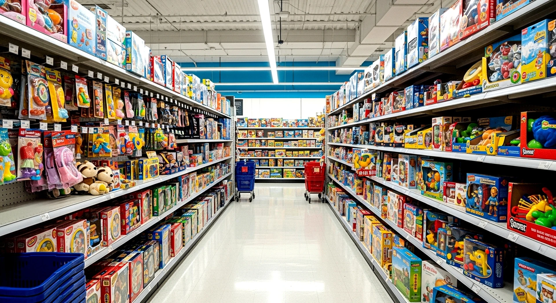 wide view of the toy aisle showing a variety of used toys at goodwill in boca raton