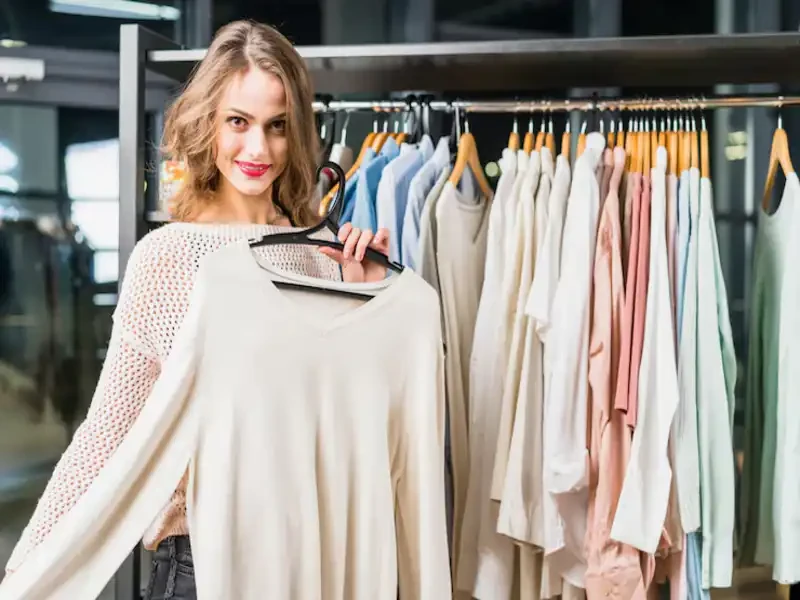 woman holding up t-shirt in second hand store