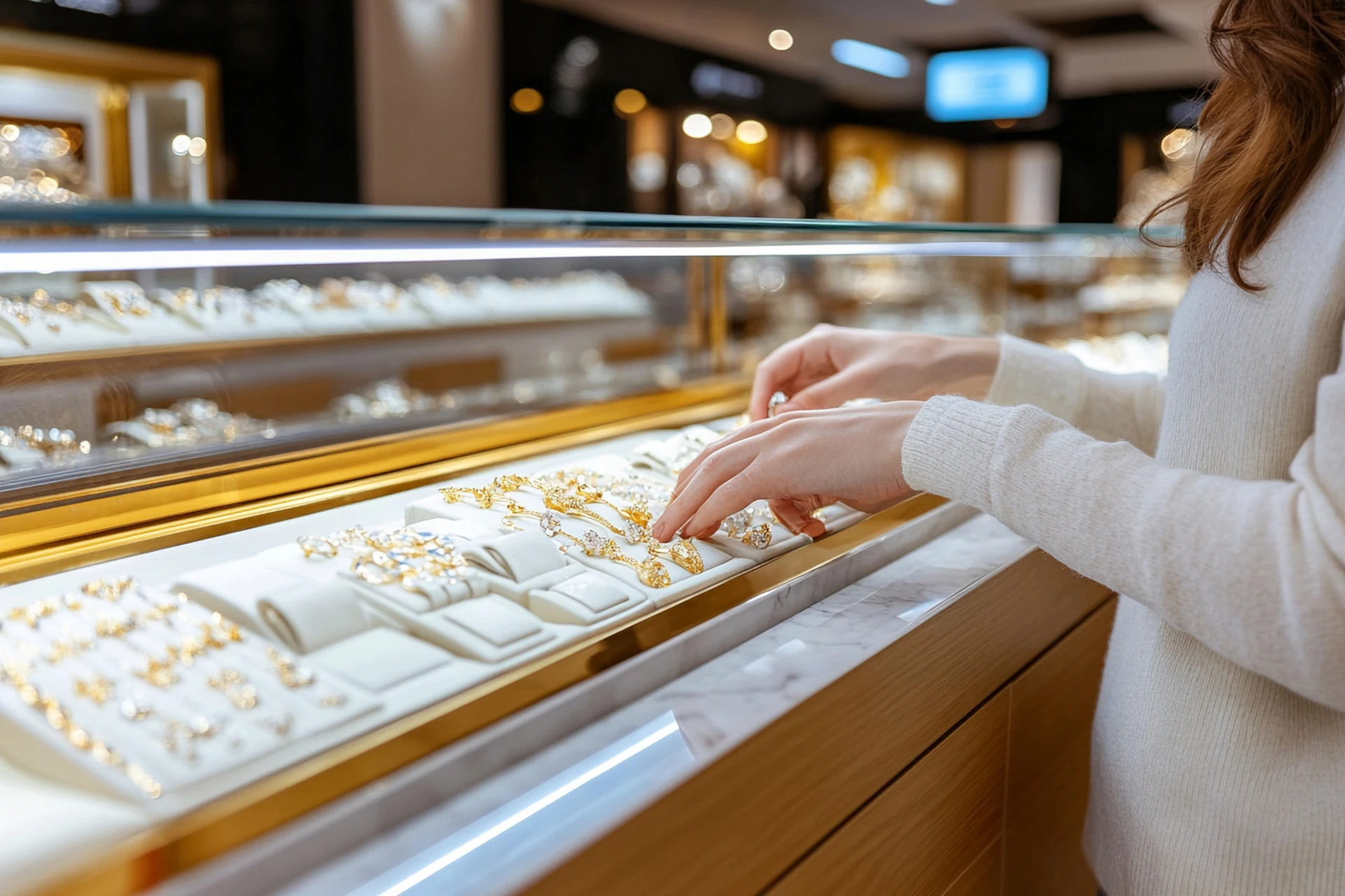 woman looking at colorful second hand jewelry