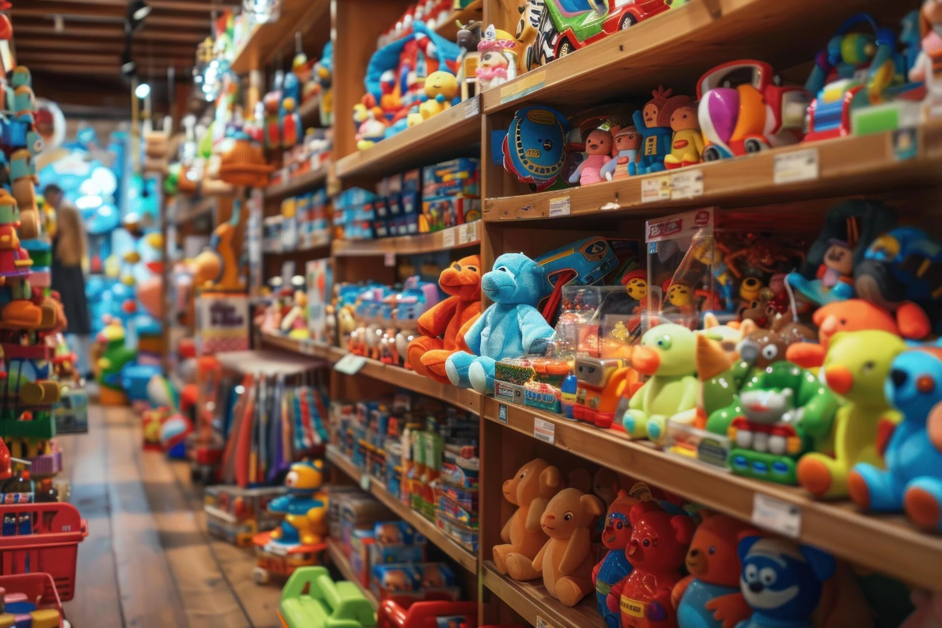 wooden shelves stocked with colorful toys inside a goodwill toy store in sarasota thrift aisles