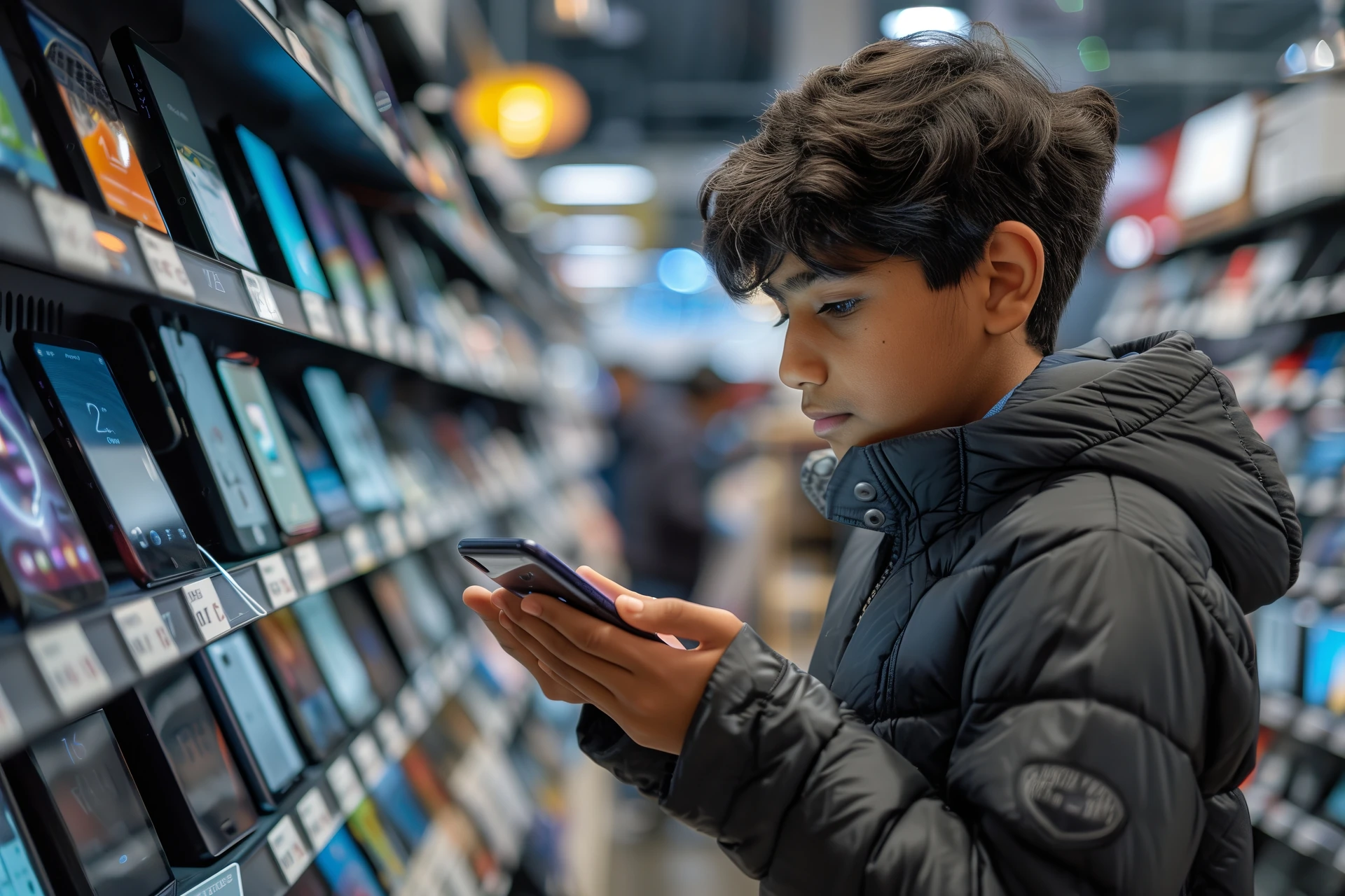 young boy comparing cell phones at a used electronics in sarasota section of goodwill
