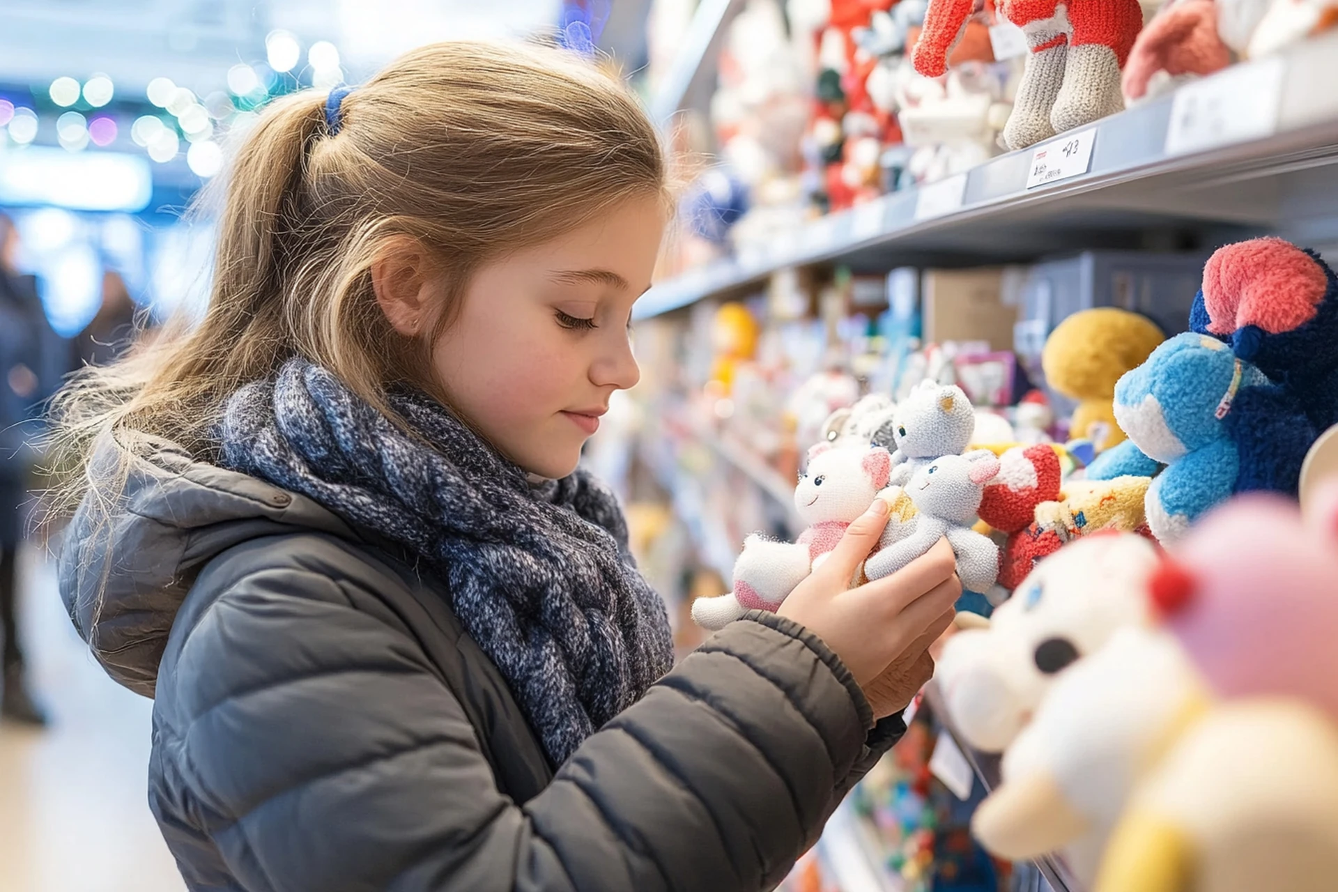 young girl is browsing at stuffed animals in a goodwill store